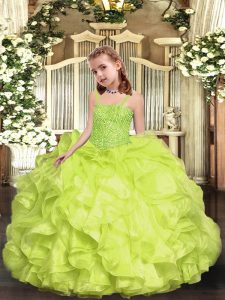 Straps Sleeveless Custom Made Pageant Dress Floor Length Beading and Ruffles Yellow Green Organza