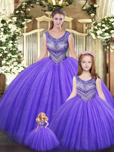 High End Eggplant Purple Ball Gowns Beading 15th Birthday Dress Lace Up Tulle Sleeveless Floor Length