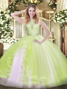 Decent Lace and Ruffles 15 Quinceanera Dress Yellow Green Backless Sleeveless Floor Length