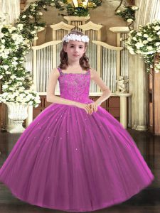 Purple Tulle Lace Up Straps Sleeveless Floor Length Little Girls Pageant Dress Wholesale Beading