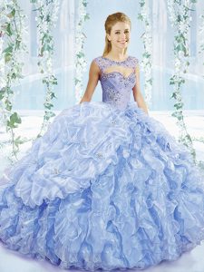 Blue Sweetheart Lace Up Beading and Ruffles and Pick Ups Sweet 16 Quinceanera Dress Brush Train Sleeveless