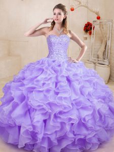Glittering Floor Length Lace Up 15th Birthday Dress Lavender for Sweet 16 and Quinceanera with Beading and Ruffles