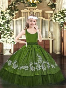 Scoop Sleeveless Little Girl Pageant Gowns Floor Length Beading and Appliques Olive Green Taffeta