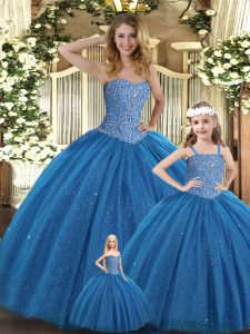 Teal Sleeveless Tulle Lace Up 15th Birthday Dress for Military Ball and Sweet 16 and Quinceanera