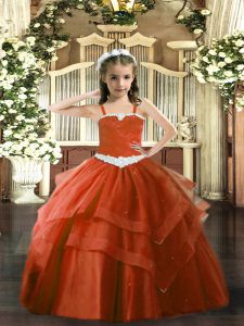 New Arrival Rust Red Lace Up Straps Appliques and Ruffled Layers Pageant Dress for Girls Tulle Sleeveless