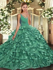 Turquoise Organza Backless Sweet 16 Quinceanera Dress Sleeveless With Train Sweep Train Ruffles
