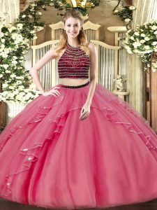 Coral Red Organza Zipper 15 Quinceanera Dress Sleeveless Floor Length Beading and Ruffles