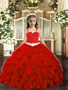Wine Red Ball Gowns Organza Straps Sleeveless Appliques and Ruffles Floor Length Lace Up Pageant Dress Toddler