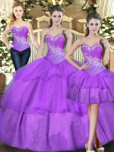 Glamorous Eggplant Purple Sweetheart Neckline Beading and Ruffled Layers Quinceanera Gowns Sleeveless Lace Up
