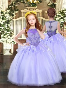 Simple Scoop Sleeveless Custom Made Pageant Dress Floor Length Beading Lavender Organza