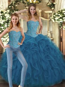 New Arrival Teal Ball Gowns Tulle Sweetheart Sleeveless Beading and Ruffles Floor Length Lace Up Quinceanera Gowns