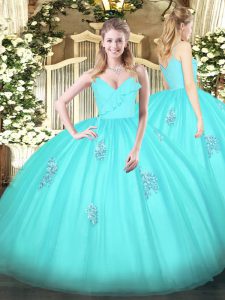 Comfortable Tulle Spaghetti Straps Sleeveless Zipper Appliques Ball Gown Prom Dress in Aqua Blue