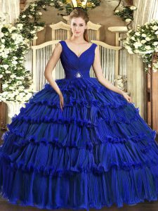 Perfect Sleeveless Backless Floor Length Beading and Ruffled Layers Quinceanera Gown