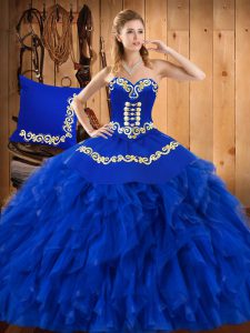 Blue Sweetheart Lace Up Embroidery and Ruffles Quinceanera Gowns Sleeveless