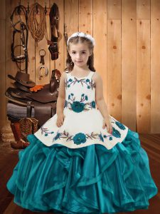 Stunning Organza Straps Sleeveless Lace Up Embroidery and Ruffles Glitz Pageant Dress in Teal