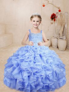 Lavender Organza Lace Up Little Girls Pageant Gowns Sleeveless Floor Length Beading and Ruffles