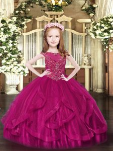 Fuchsia Sleeveless Beading and Ruffles Floor Length Pageant Dress