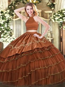 Brown Ball Gowns Organza Halter Top Sleeveless Beading and Embroidery and Ruffled Layers Floor Length Backless Quince Ball Gowns