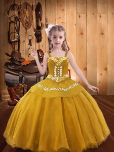 Gold Girls Pageant Dresses Party and Sweet 16 and Quinceanera and Wedding Party with Embroidery Straps Sleeveless Lace Up