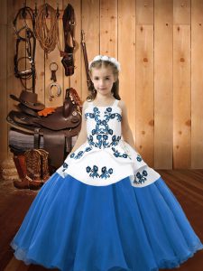 Floor Length Blue Little Girl Pageant Gowns Straps Sleeveless Lace Up