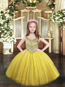 Scoop Sleeveless Little Girls Pageant Dress Wholesale Floor Length Beading Gold Tulle