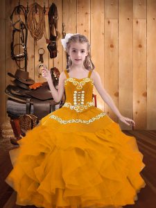 Gold Lace Up Straps Embroidery and Ruffles Little Girl Pageant Gowns Organza Sleeveless