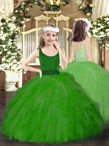 Green Ball Gowns Beading and Ruffles Little Girls Pageant Dress Zipper Tulle Sleeveless Floor Length