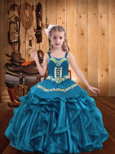 Teal Organza Lace Up Little Girls Pageant Gowns Sleeveless Floor Length Embroidery and Ruffles