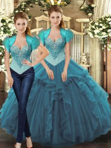 Amazing Straps Sleeveless Sweet 16 Dress Floor Length Beading and Ruffles Teal Tulle