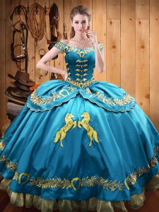 Sweet Off The Shoulder Sleeveless Vestidos de Quinceanera Floor Length Beading and Embroidery Baby Blue Satin and Organza