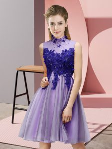 Lavender Empire Appliques Court Dresses for Sweet 16 Lace Up Tulle Sleeveless Knee Length
