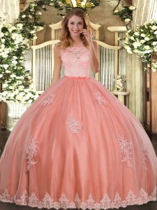 Watermelon Red Sleeveless Floor Length Lace and Appliques Clasp Handle Ball Gown Prom Dress