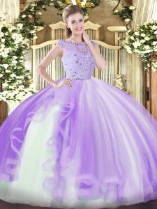 Enchanting Lavender Tulle Zipper Bateau Sleeveless Floor Length Quinceanera Gowns Beading and Ruffles