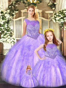 Smart Floor Length Lace Up Sweet 16 Dress Lavender for Military Ball and Sweet 16 and Quinceanera with Beading and Ruffles