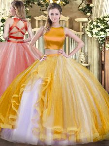 Gold Tulle Criss Cross Ball Gown Prom Dress Sleeveless Floor Length Ruffles