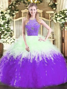Multi-color Halter Top Neckline Beading and Ruffles Quince Ball Gowns Sleeveless Zipper