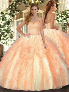 Delicate Orange Ball Gowns Sweetheart Sleeveless Organza Floor Length Lace Up Ruffles Quinceanera Dress