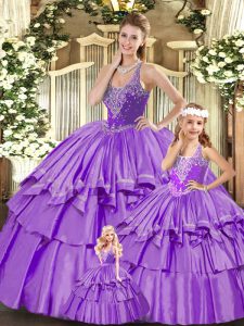 Lilac Sleeveless Floor Length Beading and Ruffled Layers Lace Up Sweet 16 Quinceanera Dress