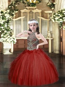 Elegant Sleeveless Floor Length Beading and Ruffles Lace Up Pageant Gowns For Girls with Wine Red