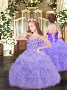 Lavender Spaghetti Straps Neckline Appliques and Ruffles and Pick Ups Pageant Dresses Sleeveless Lace Up