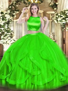 Green Two Pieces Ruffles Quinceanera Dresses Criss Cross Tulle Sleeveless Floor Length