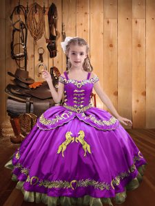 Customized Floor Length Lilac Kids Formal Wear Satin Sleeveless Beading and Embroidery