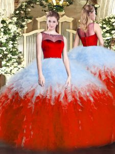 White And Red Ball Gowns Scoop Sleeveless Tulle Floor Length Zipper Ruffles Sweet 16 Quinceanera Dress