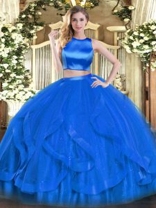 Sleeveless Tulle Floor Length Criss Cross Quinceanera Gown in Blue with Ruffles