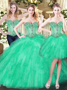 Captivating Three Pieces 15th Birthday Dress Green Sweetheart Organza Sleeveless Floor Length Lace Up