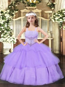 New Style Straps Sleeveless Little Girls Pageant Gowns Floor Length Beading and Ruffled Layers Lavender Organza