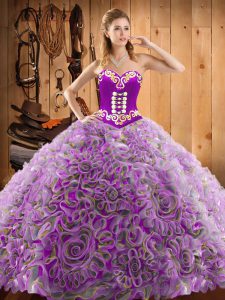 Elegant Multi-color Satin and Fabric With Rolling Flowers Lace Up Sweetheart Sleeveless With Train Quinceanera Gowns Sweep Train Embroidery