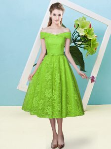 Sumptuous Yellow Green Lace Lace Up Quinceanera Dama Dress Cap Sleeves Tea Length Bowknot