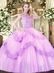 Sleeveless Floor Length Beading and Appliques Zipper Quince Ball Gowns with Lilac