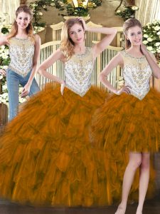 Elegant Brown Scoop Neckline Beading and Ruffles Sweet 16 Quinceanera Dress Sleeveless Zipper